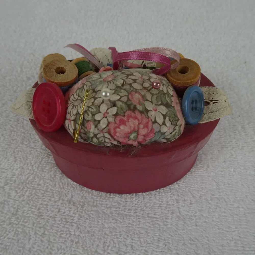 Vintage Sewing Box Pin Cushion Thread Button Organizer Storage 4 Inches Pink